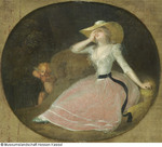 Ein Mädchen, das mit Amor auf einem Rasenhügel sitzt